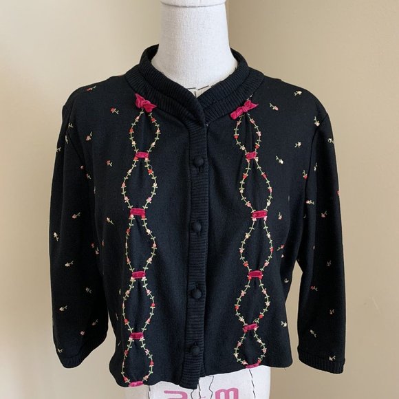 Vintage 50s Rosebud Pink Ribbon Embroidered Cardigan Jacket Rockabilly Pinup - Picture 4 of 12
